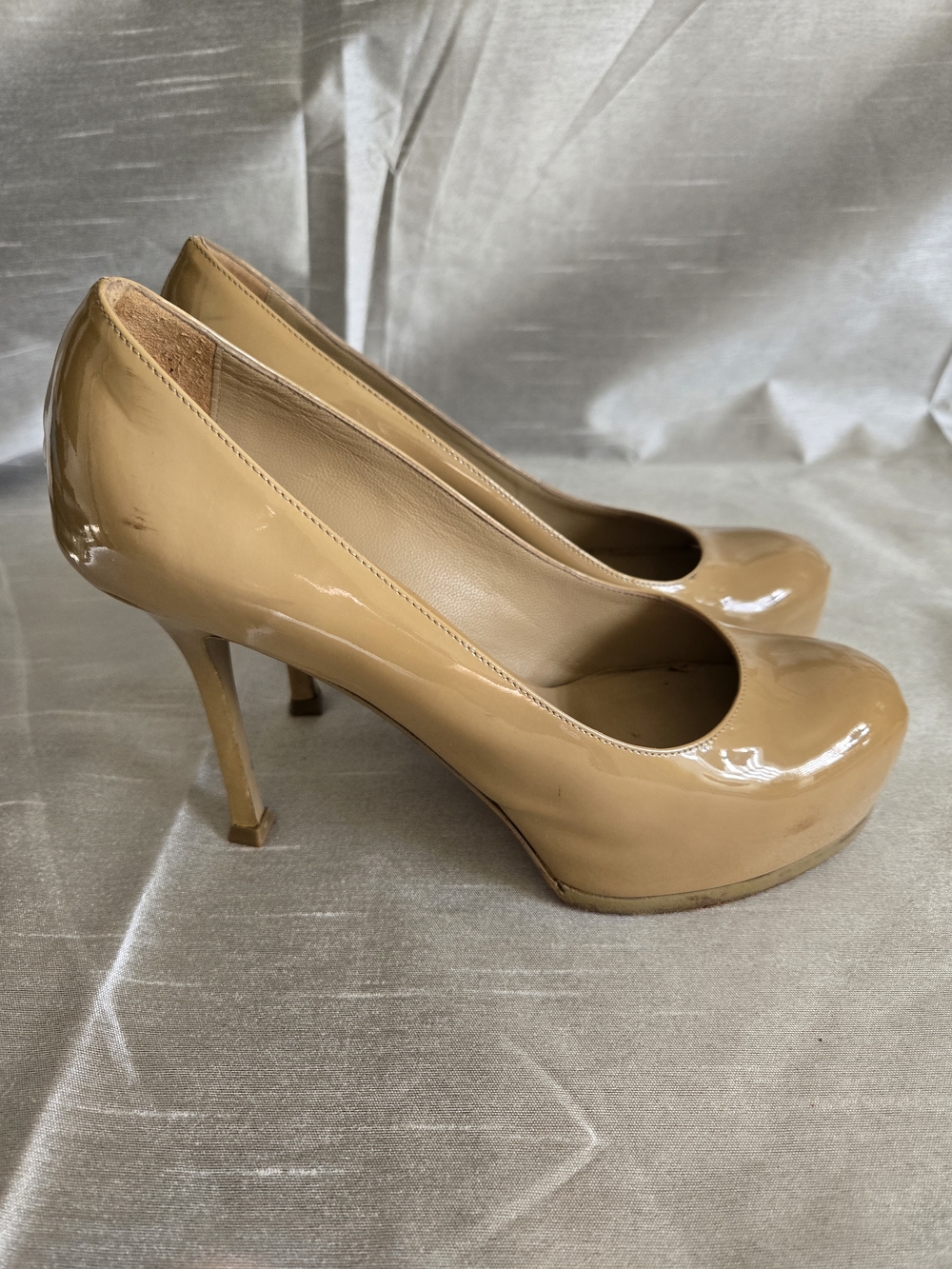 Yves Saint Laurent Patent Nude Tan Platform Pumps